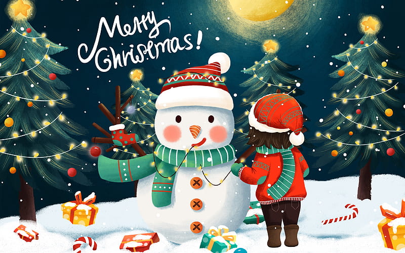 Christmas Girl Snowman 2021 Merry Christmas, HD wallpaper