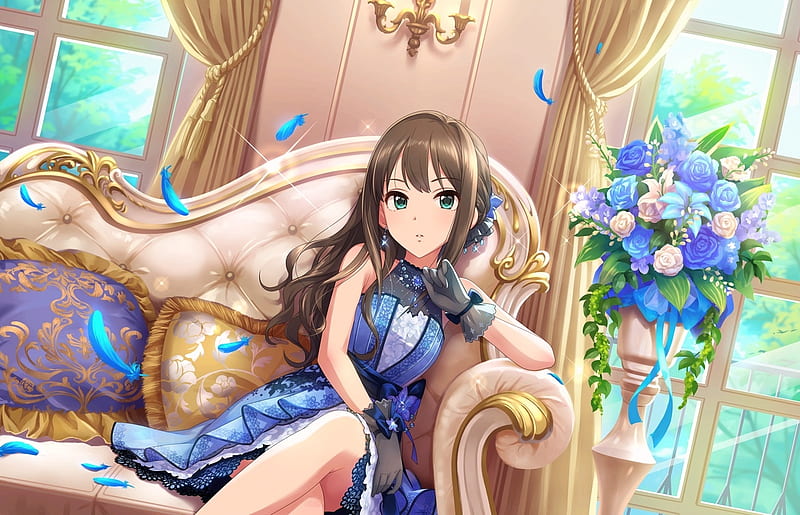 Shibuya Rin, manga, tagme, cinderella girls, girl, idolmaster, anime, flower, chair, blue, HD wallpaper