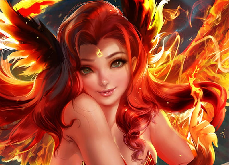Phoenix girl, red, art, frumusete, luminos, orange, redhead, sakimichan, woman, fire, feather, hand, beauty, face, HD wallpaper