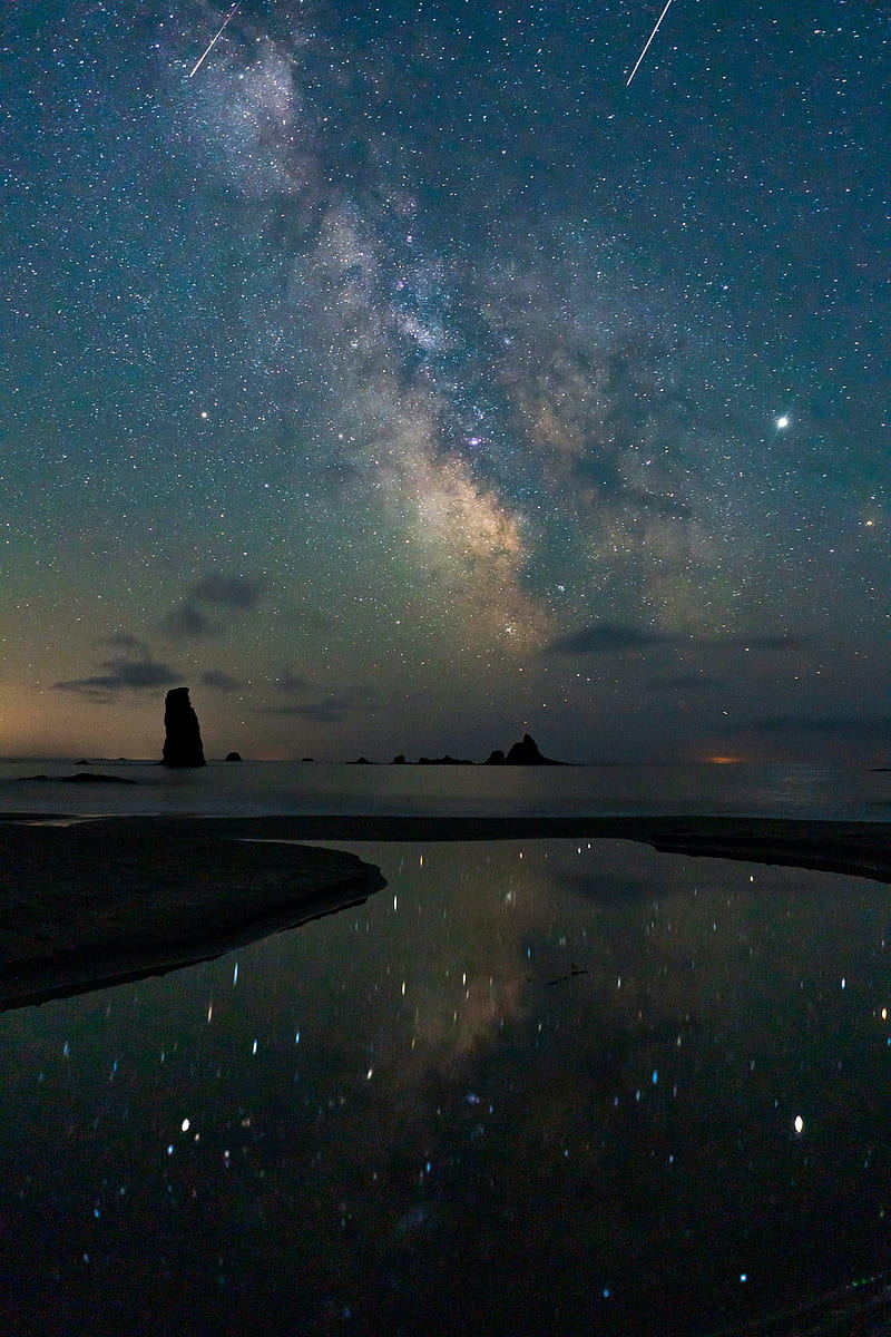 rocks, starry sky, stars, reflection, HD phone wallpaper