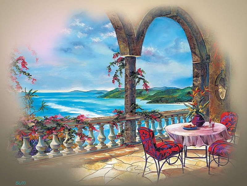 Come for tea, patio, tea, cosy, ocean, HD wallpaper