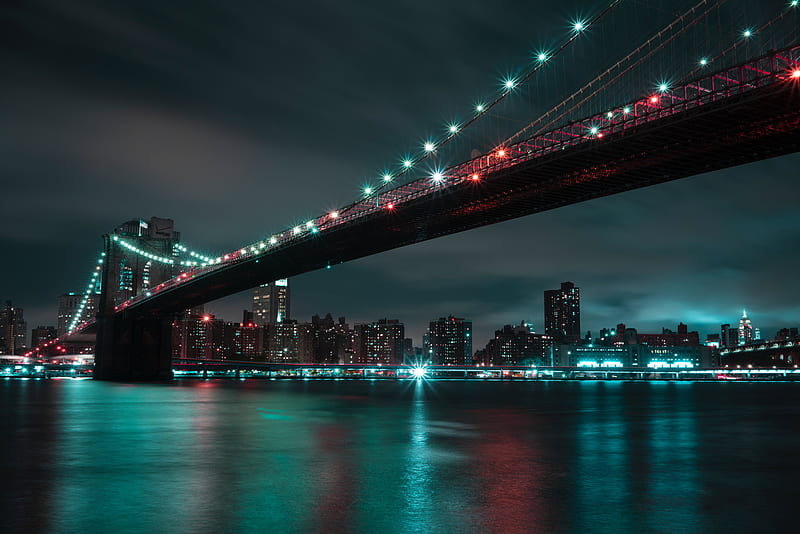 bridge, night city, lights, city lights, brooklyn, usa, HD wallpaper