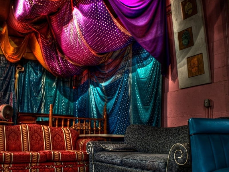 Morrocan interior, red, purple, sofa, green, HD wallpaper