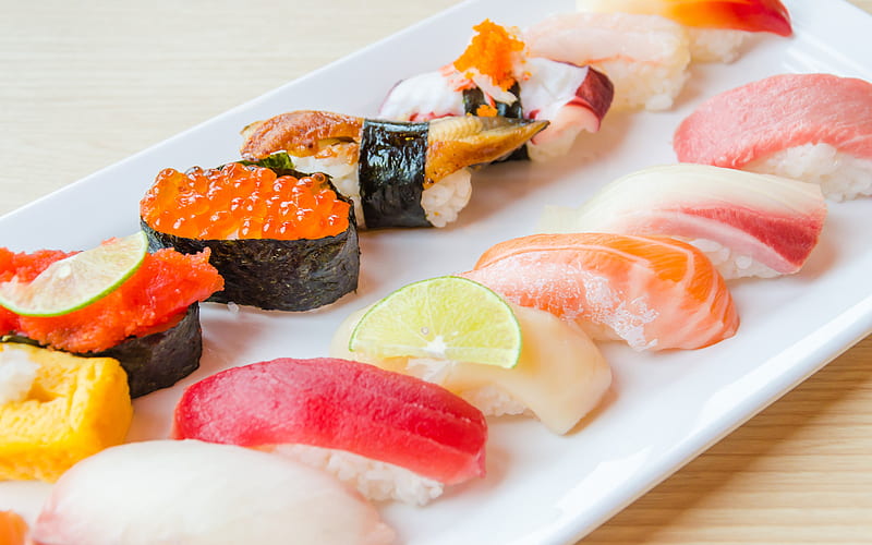 sushi set, nagiri, sushi, asian food, bokeh, fastfood, nigiri set, HD wallpaper