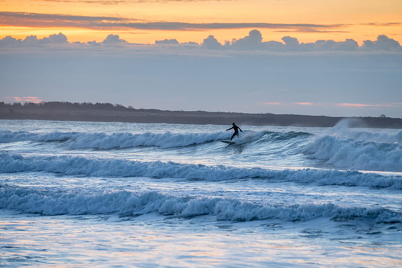 surfer, surfing, waves, ocean, dusk, HD wallpaper