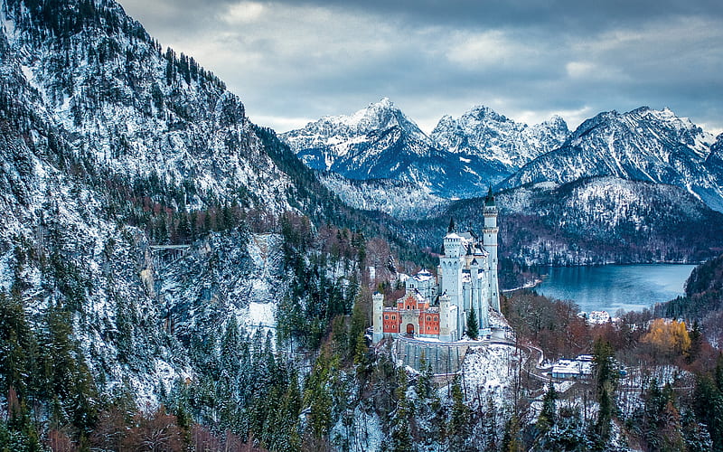 Neuschwanstein Castle, Schwansee, winter, mountain landscape, Bavarian Alps, palace, Schwangau, Bavaria, Germany, HD wallpaper