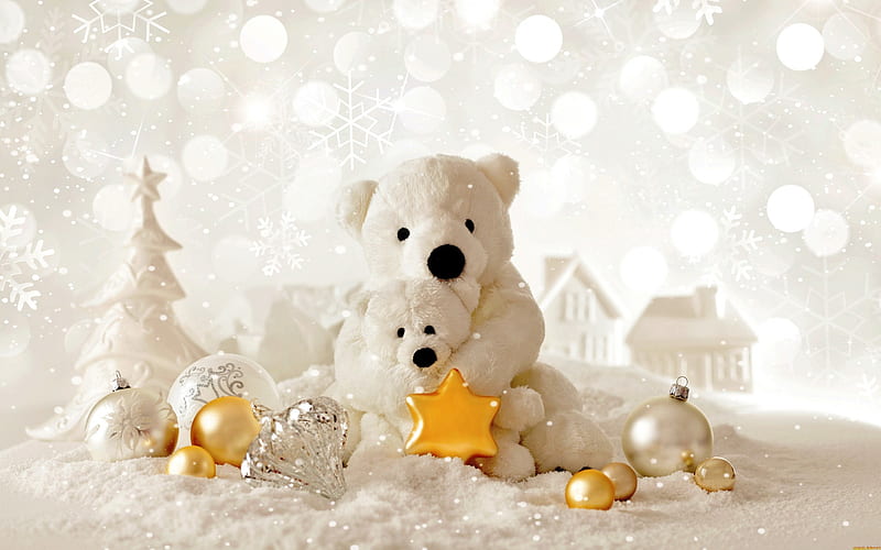 Christmas, polar teddy bears, 2018, New Year, white Christmas balls, HD wallpaper
