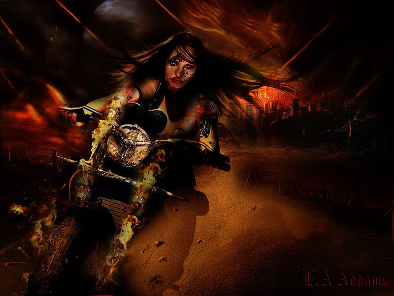 ghost rider escape from the burning city, glow, action, orange, los angles, bolt, hell, motorbike, clouds, stormcloud, sand, city, amazing , rider, wild, pursuit, alien, america, smoke, lady ghostrider, attack, luis royoinspired, danger, thunder, storm, fire, flames, la, dirt, dust, brunnete, HD wallpaper