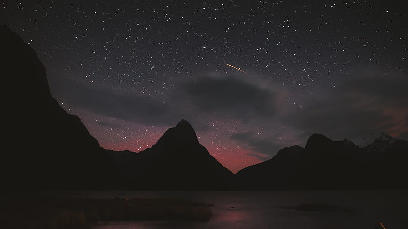 mountains, peaks, stars, starfall, night, HD wallpaper