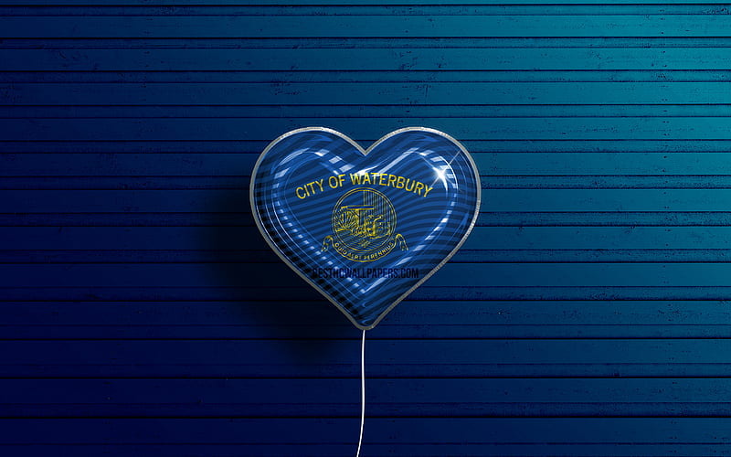 I Love Waterbury, Connecticut realistic balloons, blue wooden background, american cities, flag of Waterbury, balloon with flag, Waterbury flag, Waterbury, US cities, HD wallpaper
