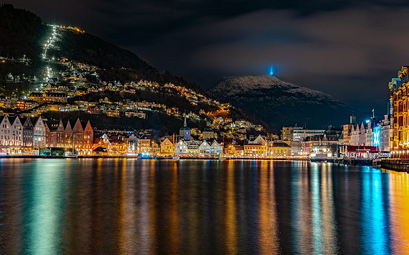 Bergen, night, city lights, cityscape, Bergen skyline, mountain landscape, fjord, Norway, HD wallpaper