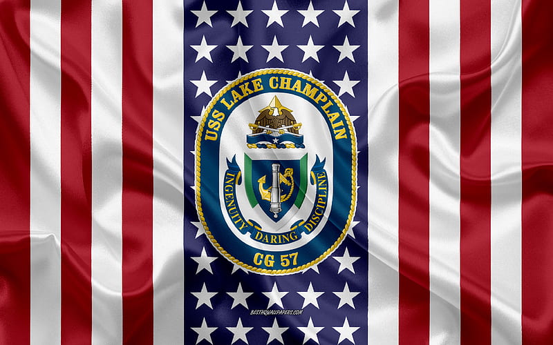 USS Lake Champlain Emblem, CG-57, American Flag, US Navy, USA, USS Lake Champlain Badge, US warship, Emblem of the USS Lake Champlain, HD wallpaper