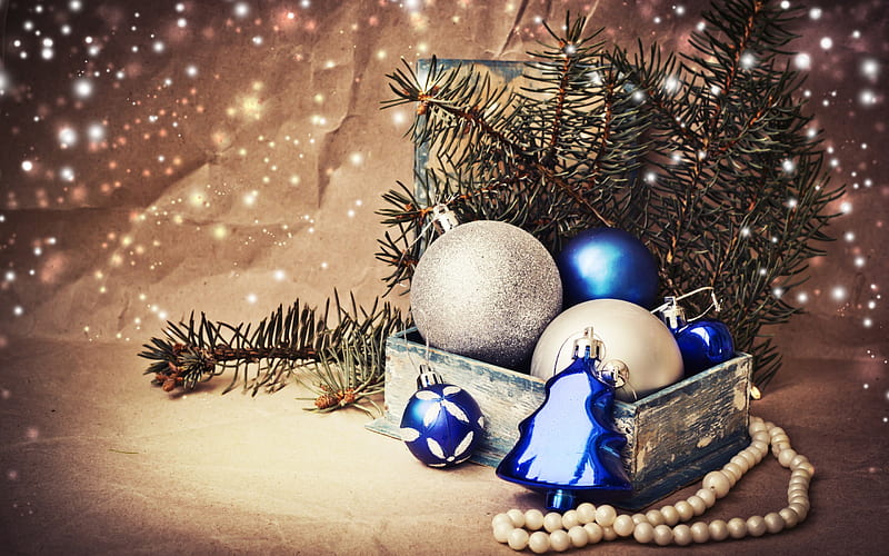 Christmas decoration, New Year, blue Christmas balls, Christmas tree, HD wallpaper