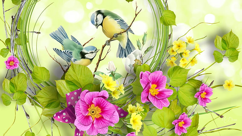 Wreath for Birds, fresh, blossoms, summer, birds, flowers, spring, floral, Firefox theme, grass, leaves, HD wallpaper