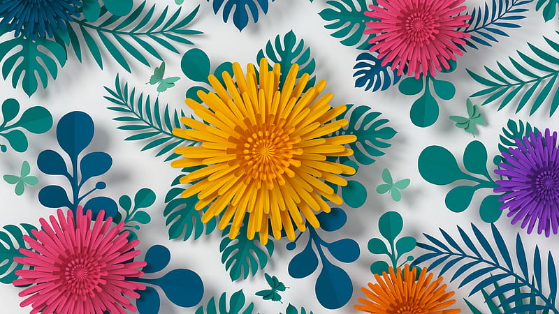 Texture, green, yellow, flower, paper, pink, HD wallpaper