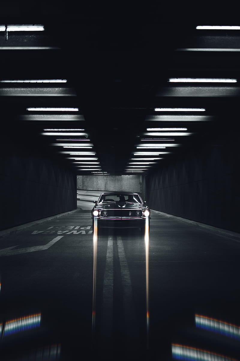 mustang, car, black, road, tunnel, HD phone wallpaper