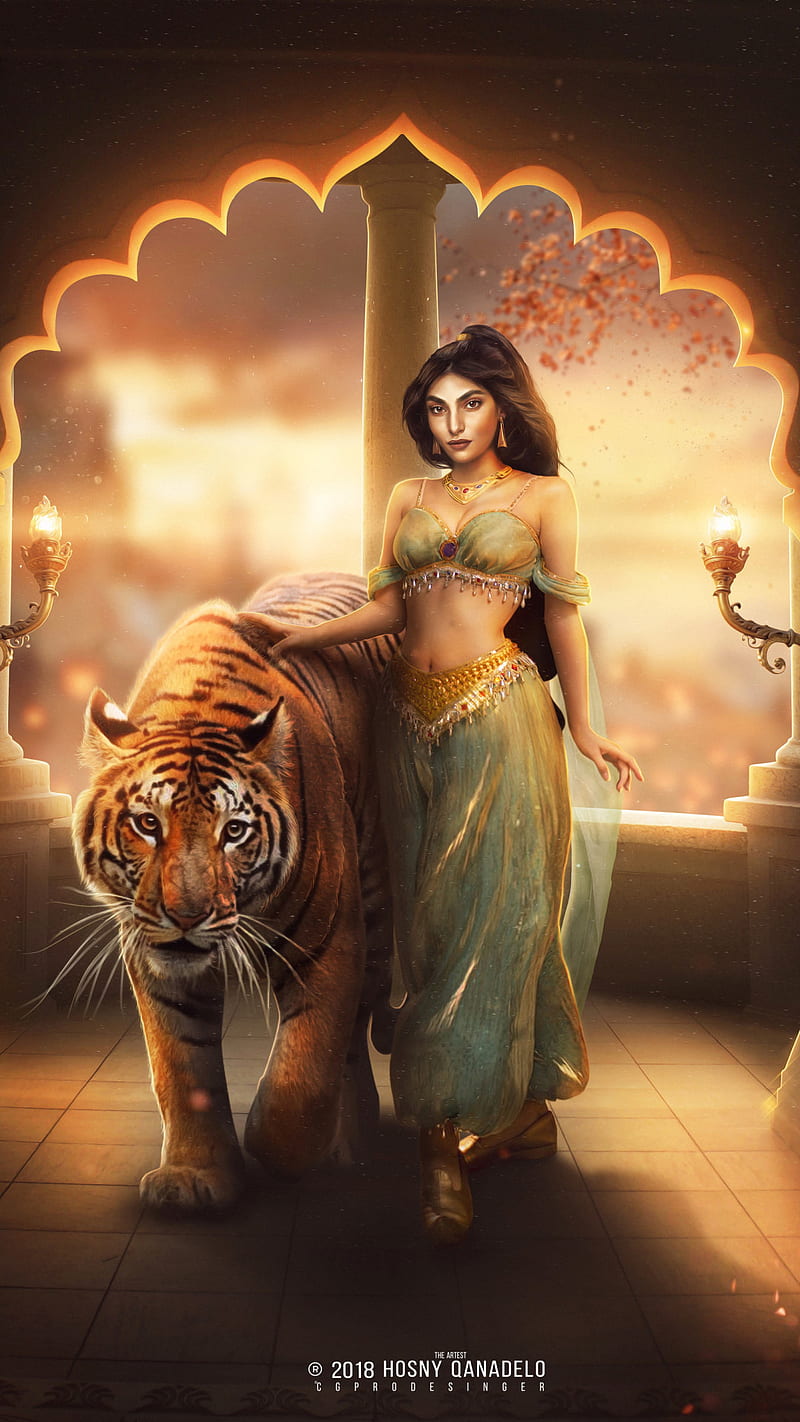 Jasmine with Tiger, fantasy girl, digital art, artistic, art work, aladdin, arabian  nights, HD phone wallpaper | Peakpx