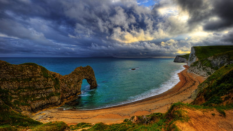 Durdle Door, Dorset, England., Coast, Ocean, View, Clouds, Arch, HD wallpaper