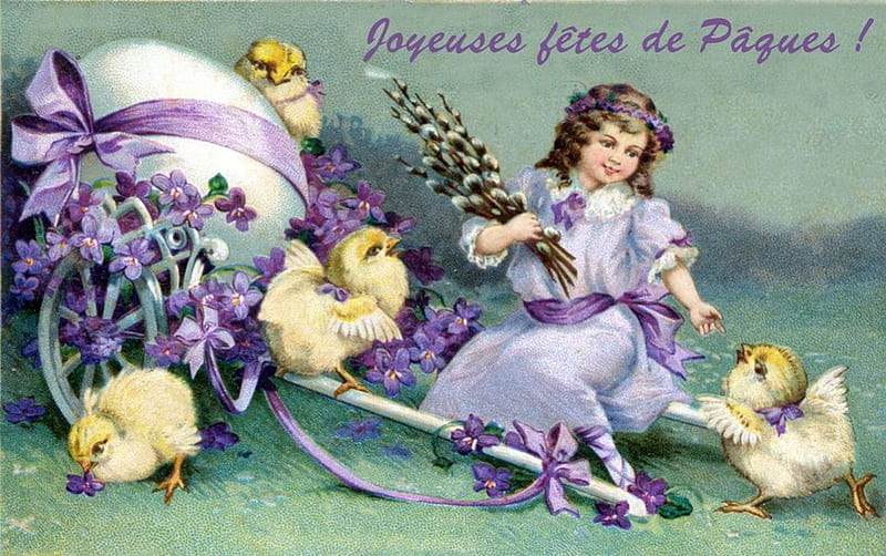 Easter Greetings, egg, girl, painting, flowers, chicks, artwork, vintage, HD wallpaper