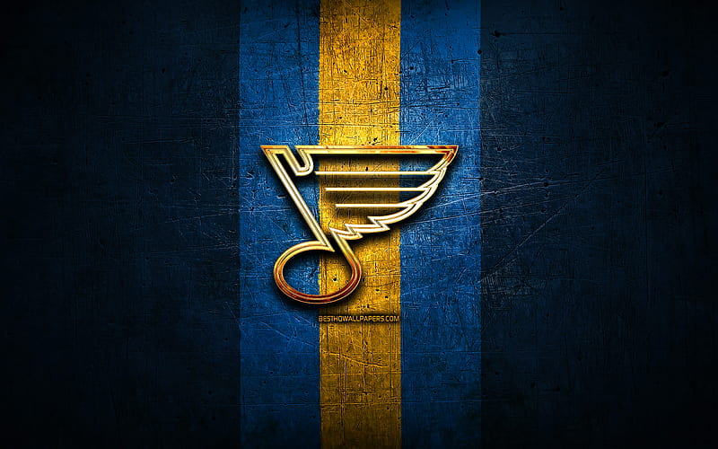St Louis Blues, golden logo, NHL, blue metal background, american hockey team, National Hockey League, St Louis Blues logo, hockey, USA, HD wallpaper