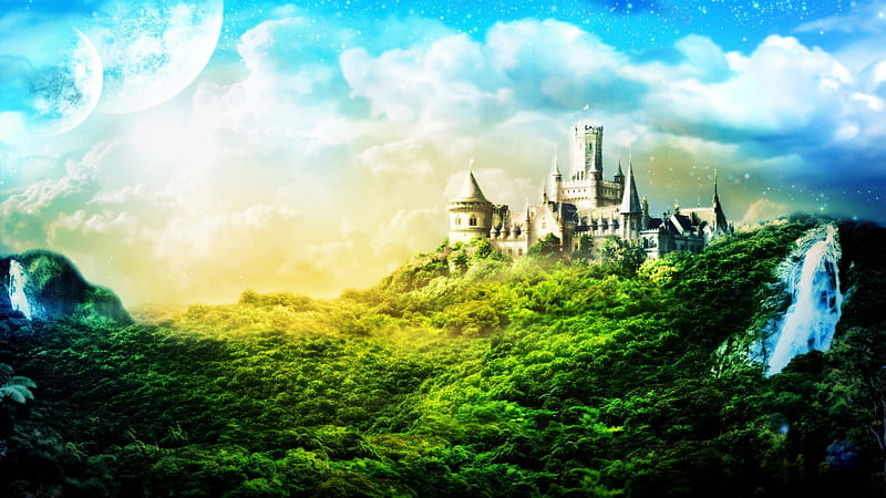 Untouched Purity, forest, fantasy, green, white, untouched, castle, sky, blue, HD wallpaper