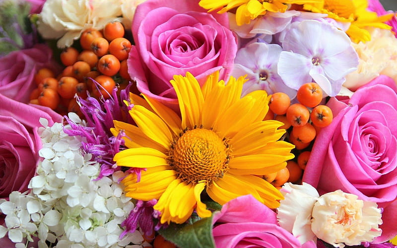 Flowers, yellow, smile, roses, pink roses, happy, buch, bouquet, basket ...