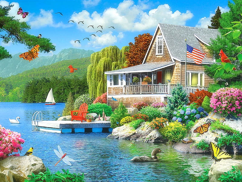 Lakeside Memories, lakes, houses, love four seasons, birds, butterflies, spring, attractions in dreams, sky, clouds, swans, boats, paintings, summer, flowers, nature, animals, HD wallpaper