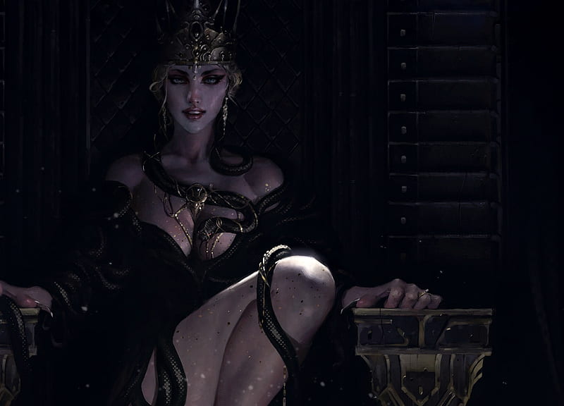 Dark Queen, luminos, game, black, serpent, woman, fantasy, girl, team-couscous, snake, HD wallpaper
