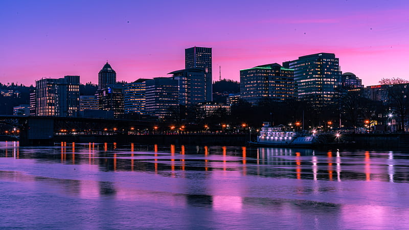 city, sunset, evening, river, HD wallpaper
