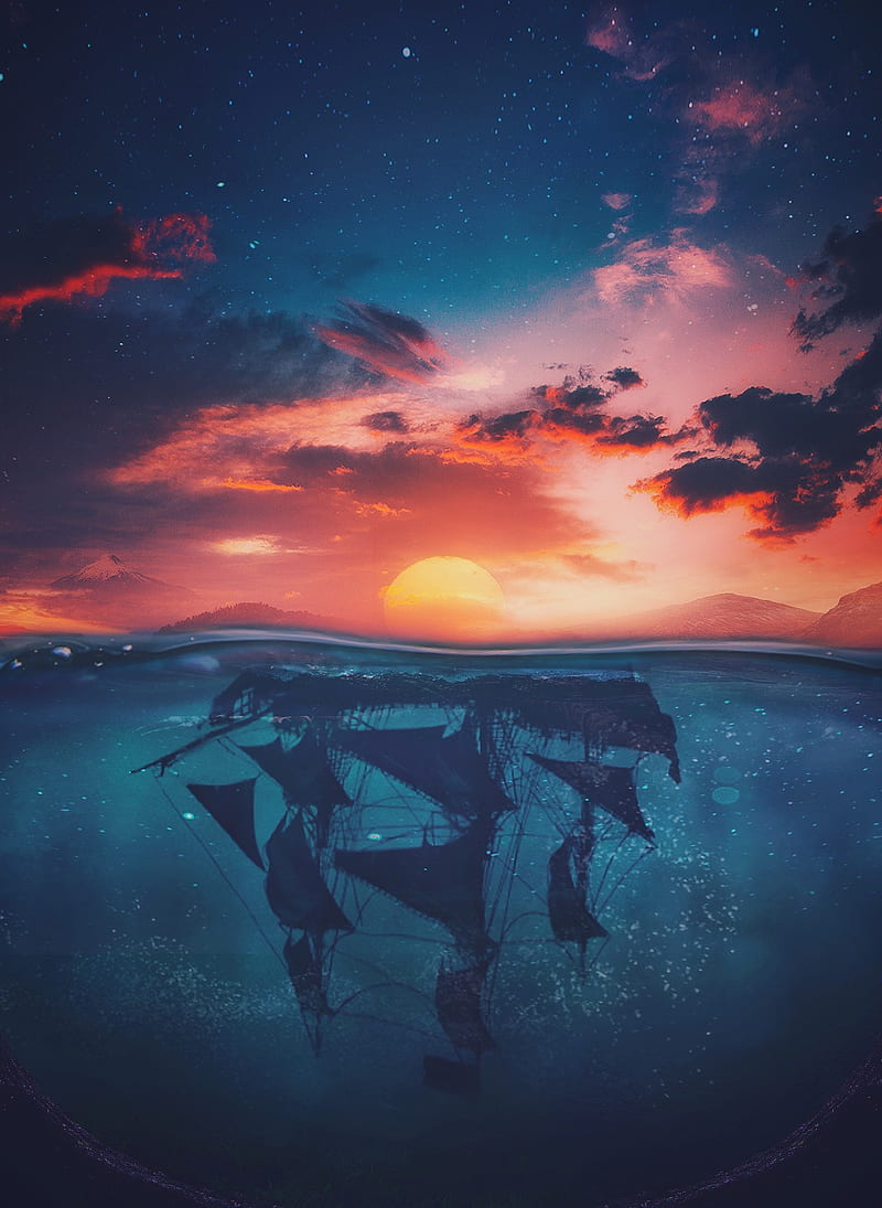 Up is Down, earth, landscape, nature, ocean, pirates, ship, sunrise, sunset, underwater, water, HD phone wallpaper