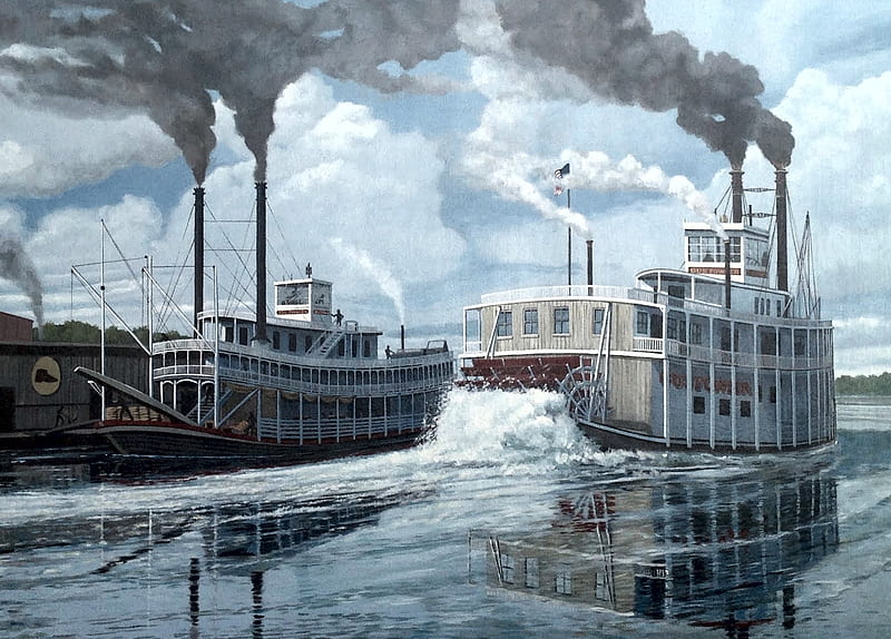 Paddle Steamers crossing, boats, painting, river, steam, clouds, ska, HD wallpaper