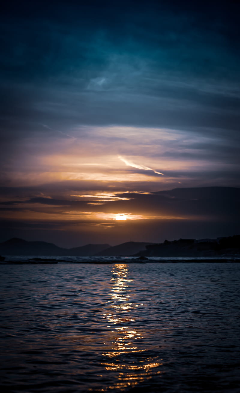 water, sea, sunset, ripples, horizon, darkness, HD phone wallpaper