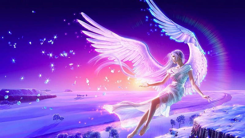 the angel, glowing, girl, snow, angel, fairy, light, HD wallpaper