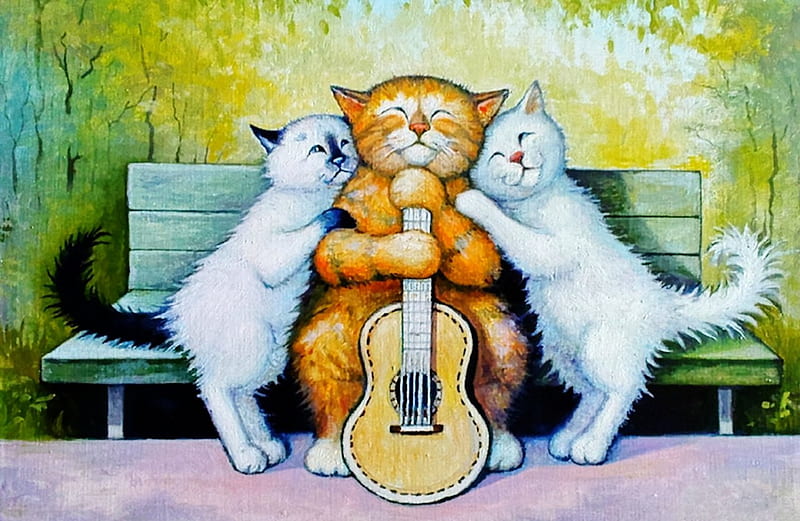 So Happy Together, guitar, ginger, painting, smiling, white, cats ...