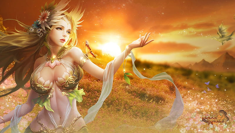 League of Angels - Sylvia 1920x1080, League of Angels, growth, video game, game, browser game, heaven, mmorpg, cornfield, female, life, angel, sexy, rpg, girl, fantasy girl, GTArcade, flower, HD wallpaper