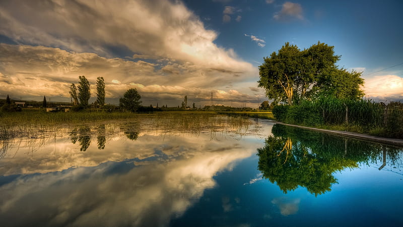 Lake in Reflection, brightly, trees, sky, clouds, lake, surface, contrast, nature, mirror, reflection, HD wallpaper