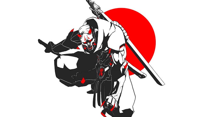 / anime, manga, Japan, samurai, Ninja, katana, Oni, simple background, shinobi, oni mask, Genji (Overwatch), HD wallpaper