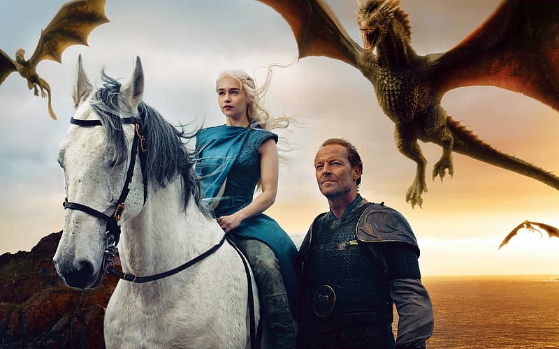 Game Of Thrones, Dragon, Horse, Tv Show, Daenerys Targaryen, Emilia Clarke, Iain Glen, Jorah Mormont, HD wallpaper
