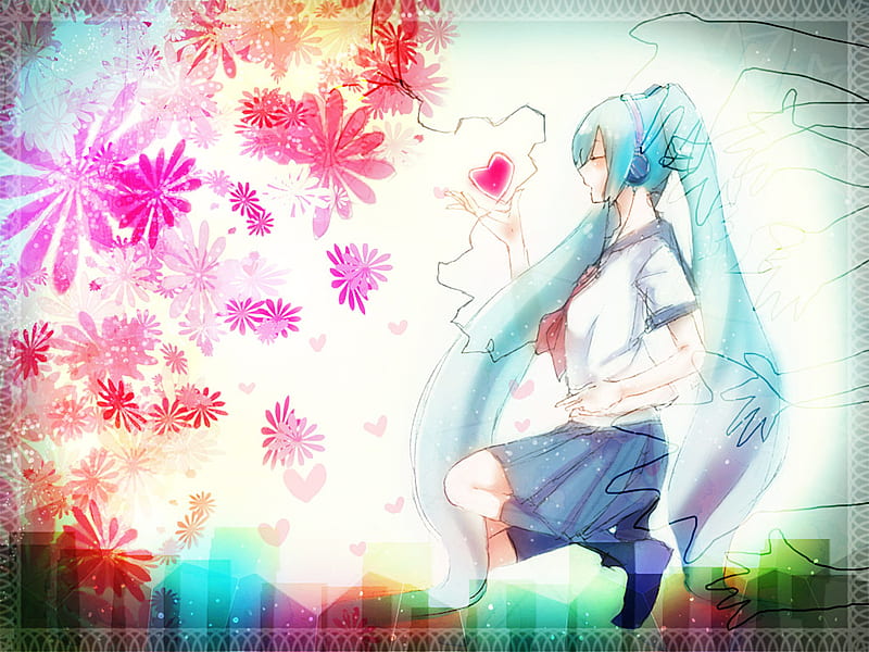 miku hatsune, uniform, love, flowers, colors, aqua hair, long hair, jump, yard, HD wallpaper