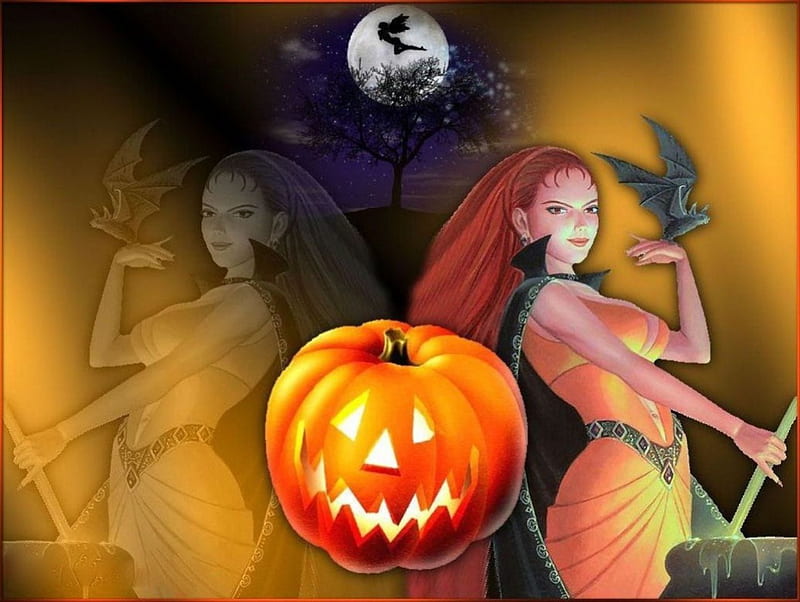 THE WITCHES OF HALLOWEEN, PUMPKIN, CAULDRONS, BATS, MOON, WITCHES, HALLOWEEN, TWO, HD wallpaper