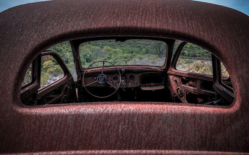 retro car, wrecked, inside, trees, Vehicle, HD wallpaper