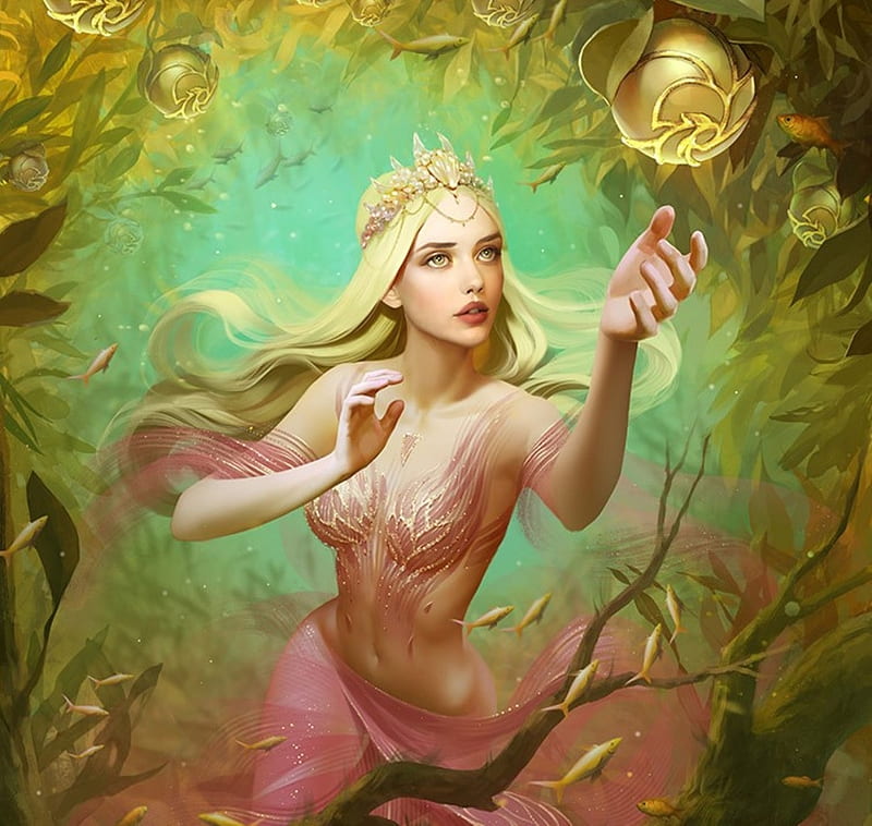 Forbidden Fruit, fantasy woman, dress, priestess, bonito, woman, leafs, fantasy, green, beauty, fuits, long hair, pink, tiara, forest, female, golden, blonde hair, abstract, sparkles, tree, crown, lady, HD wallpaper