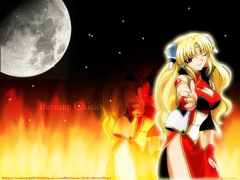 Ranpha-Burning Chick, galaxy angel, fire, moon, anime, ranpha, HD wallpaper