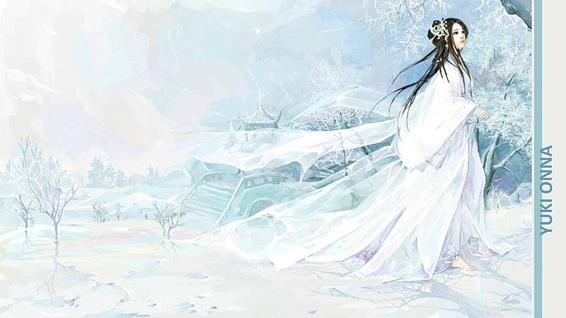 Princess, fantasy, luminos, girl, yuki onna, asian, kimono, white, blue, HD wallpaper