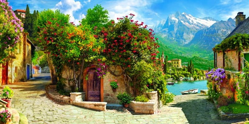 Beautiful village in summer, pretty, lovely, view, houses, bonito, sky, que, lake, mountain, paradise, summer, vilalge, street, HD wallpaper