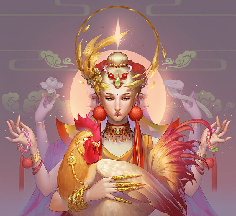 Chinese Zodiac ~ Rooster, red, rooster, wings, luminos, chinese zodiac, yellow, fantasy, girl, hand, pink, HD wallpaper
