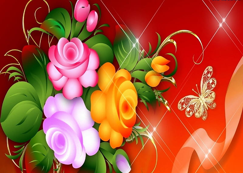 ✼Suitable for all Seasons✼, pretty, colorful, scents, softness beauty, attractions in dreams, bonito, ribbons, digital art, butterfly, bright, flowers, butterfly designs, animals, roses and butterfly, lovely, colors, love four seasons, creative pre-made, roses, roses and butterflies, vector, HD wallpaper