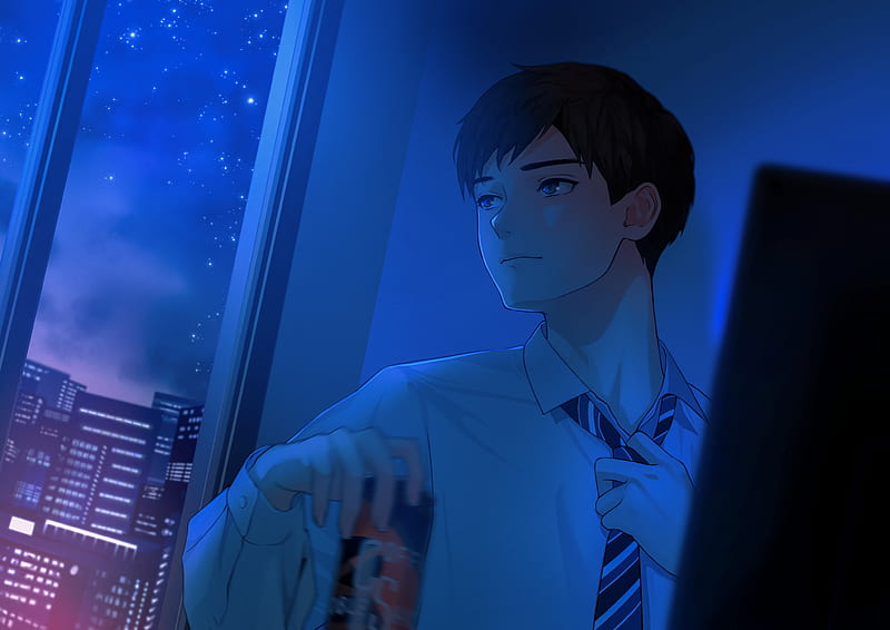 Anime, Boy, Night, Starry Sky, HD wallpaper
