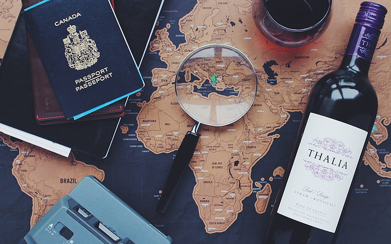 Travel to Greece, world map, travel concepts, magnifying glass, greek wine, Greece, bottle of wine, HD wallpaper