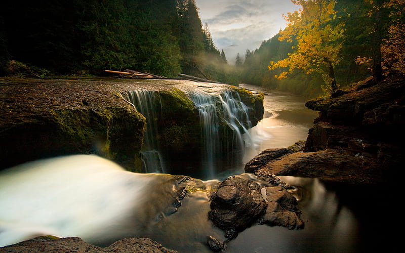 Lewis River, evening, autumn, river, waterfall, autumn forest, Lower Lewis River Falls, Washington, USA, HD wallpaper